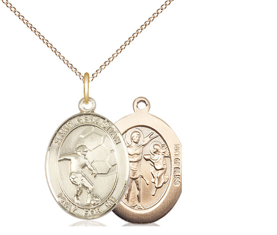 14kt Gold Filled Saint Sebastian Soccer Pendant on a 18 inch Gold Filled Light Curb chain