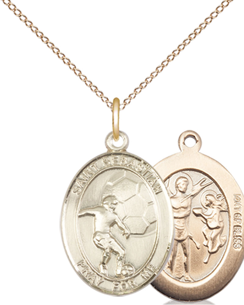 14kt Gold Filled Saint Sebastian Soccer Pendant on a 18 inch Gold Filled Light Curb chain
