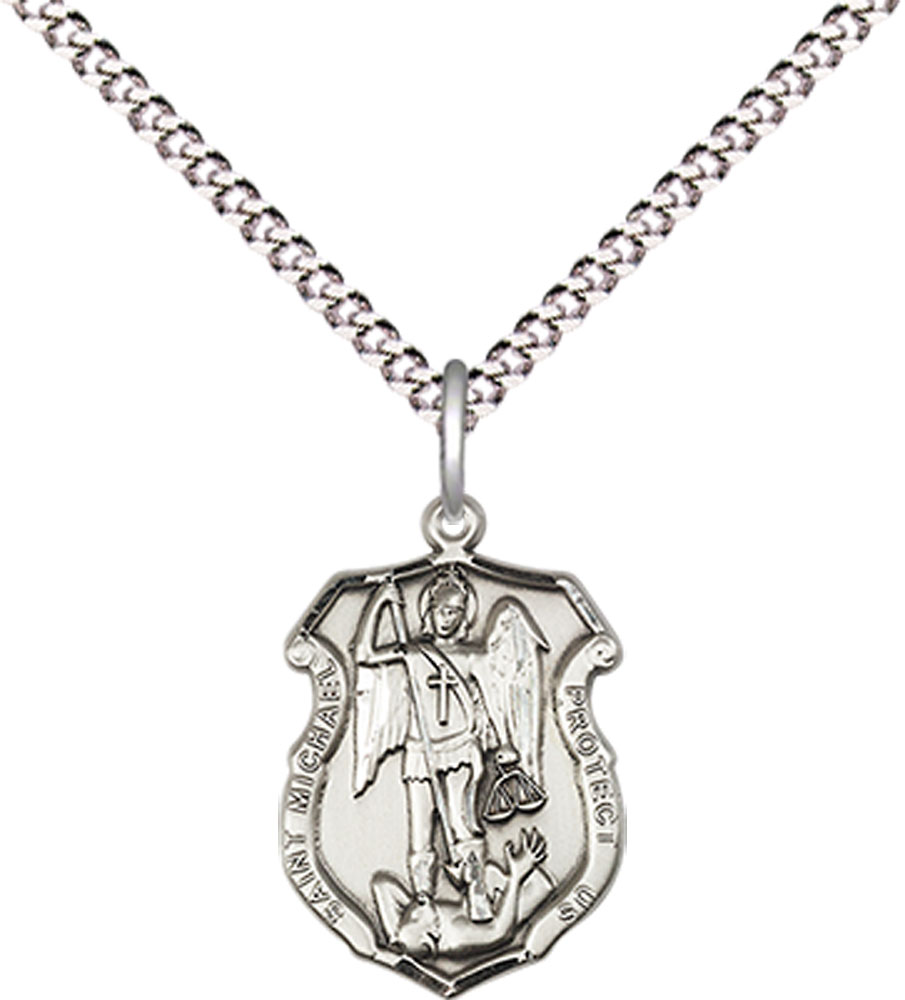 Sterling Silver Saint Michael the Archangel Shield Pendant on a 18 inch Light Rhodium Light Curb chain