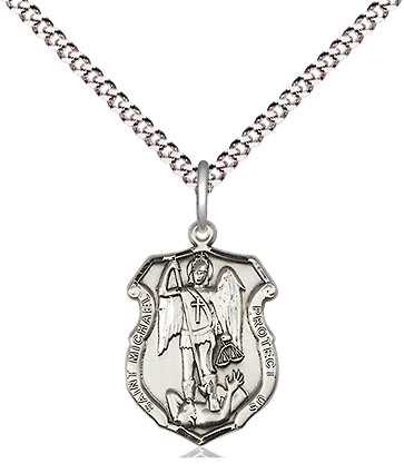 Sterling Silver Saint Michael the Archangel Shield Pendant on a 18 inch Light Rhodium Light Curb chain