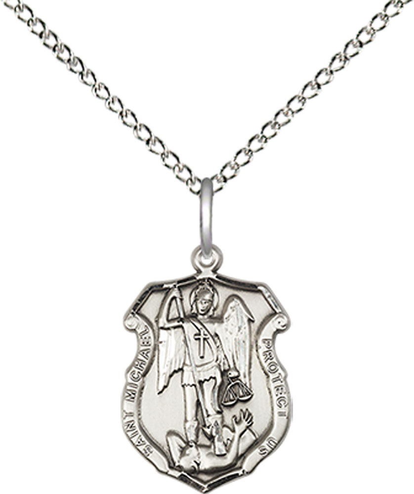 Sterling Silver Saint Michael the Archangel Shield Pendant on a 18 inch Sterling Silver Light Curb chain