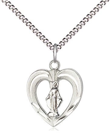 Sterling Silver Heart / Miraculous Pendant on a 18 inch Light Rhodium Light Curb chain