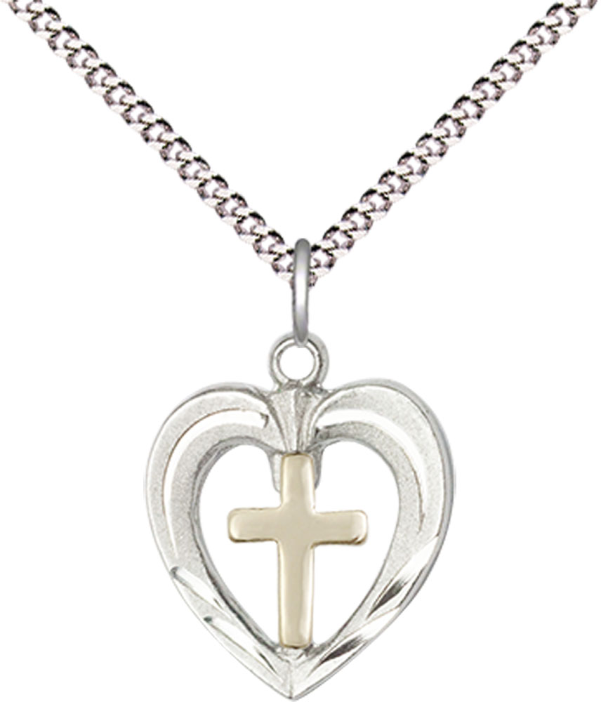 Two-Tone GF/SS Heart / Cross Pendant on a 18 inch Light Rhodium Light Curb chain