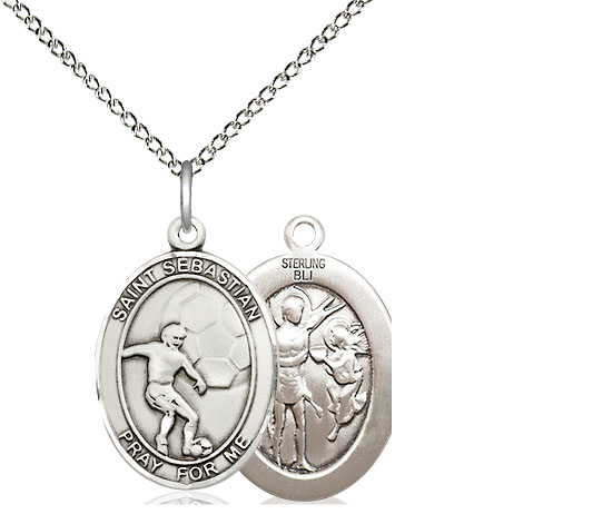 Sterling Silver Saint Sebastian Soccer Pendant on a 18 inch Sterling Silver Light Curb chain