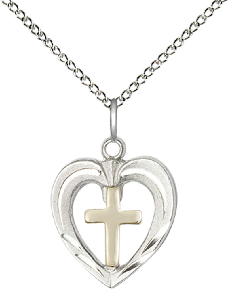 Two-Tone GF/SS Heart / Cross Pendant on a 18 inch Sterling Silver Light Curb chain