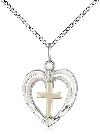 Two-Tone GF/SS Heart / Cross Pendant on a 18 inch Sterling Silver Light Curb chain