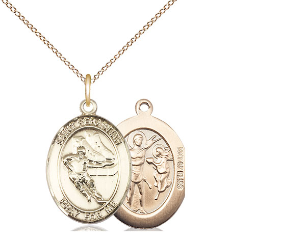 14kt Gold Filled Saint Sebastian Hockey Pendant on a 18 inch Gold Filled Light Curb chain