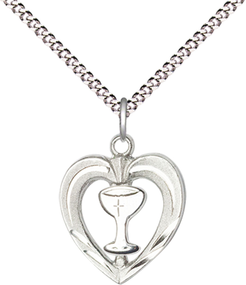 Sterling Silver Heart / Chalice Pendant on a 18 inch Light Rhodium Light Curb chain