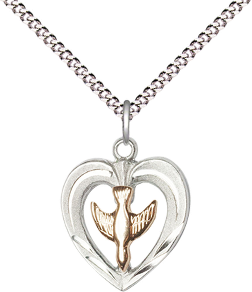 Two-Tone GF/SS Heart / Holy Spirit Pendant on a 18 inch Light Rhodium Light Curb chain