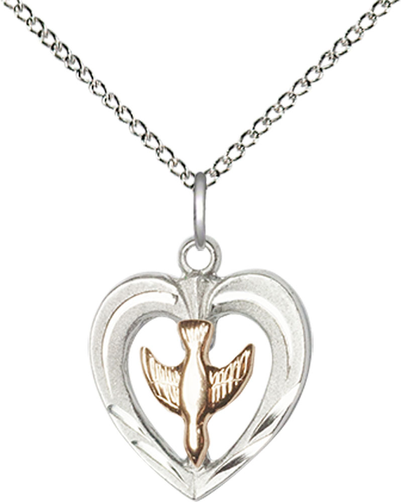 Two-Tone GF/SS Heart / Holy Spirit Pendant on a 18 inch Sterling Silver Light Curb chain