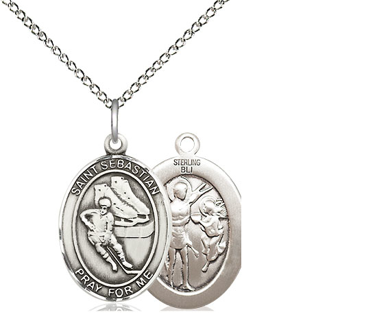 Sterling Silver Saint Sebastian Hockey Pendant on a 18 inch Sterling Silver Light Curb chain