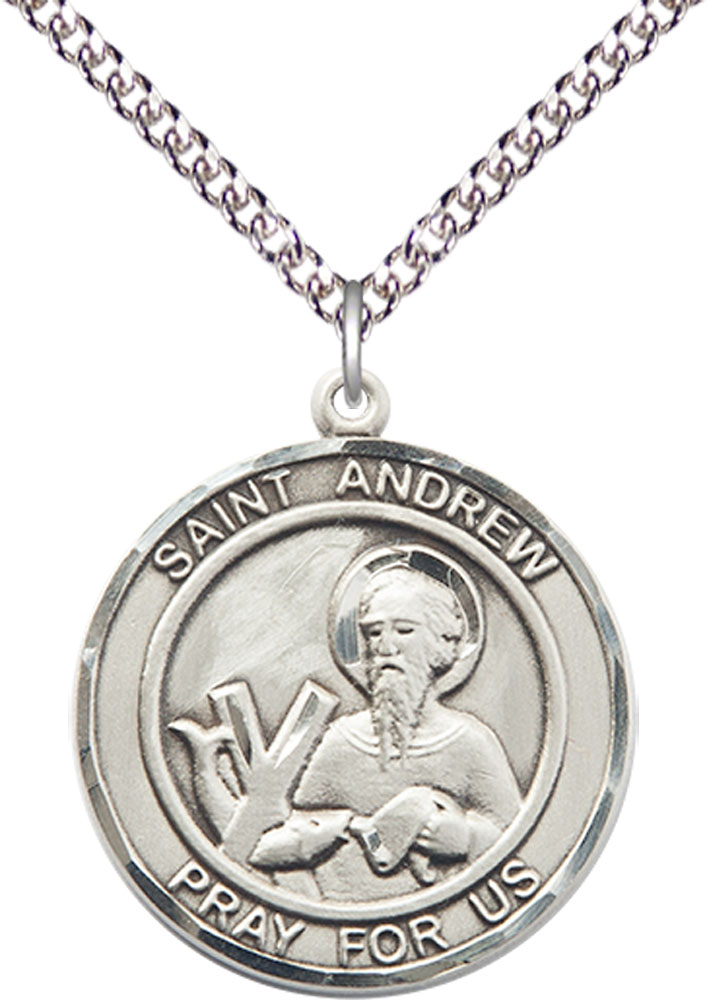 Sterling Silver Saint Andrew the Apostle Pendant on a 24 inch Sterling Silver Heavy Curb chain