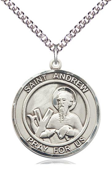 Sterling Silver Saint Andrew the Apostle Pendant on a 24 inch Sterling Silver Heavy Curb chain