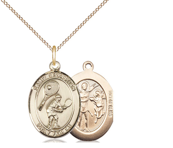 14kt Gold Filled Saint Sebastian Tennis Pendant on a 18 inch Gold Filled Light Curb chain