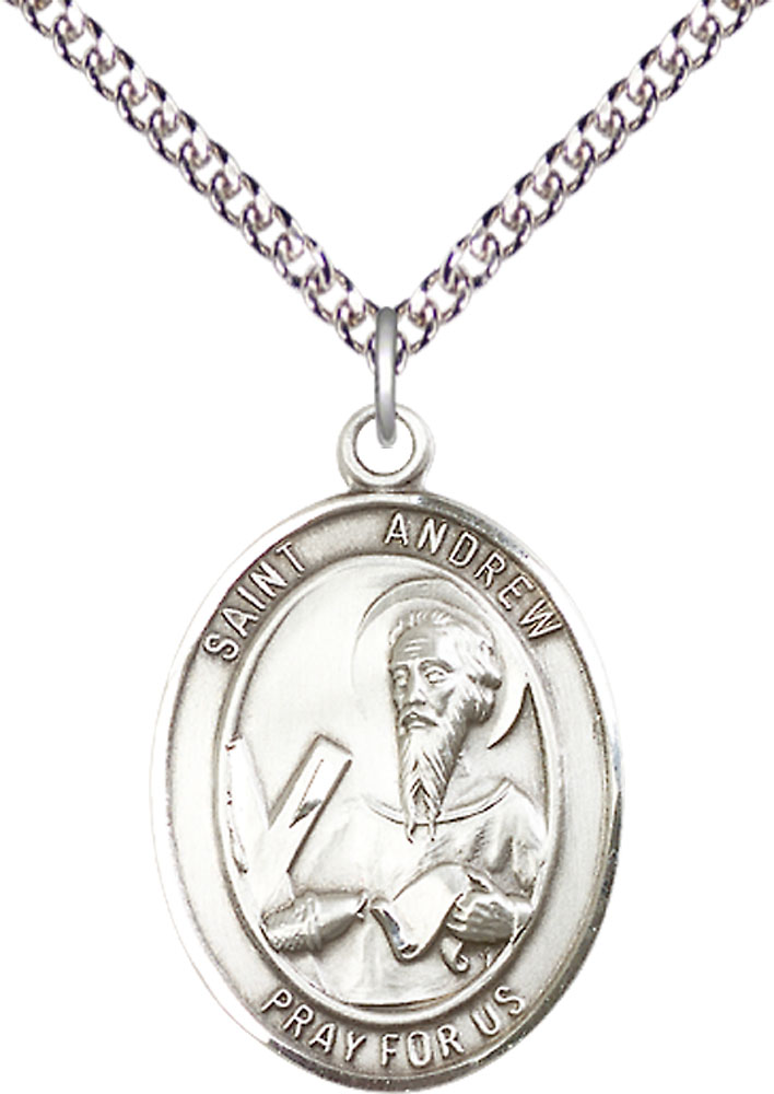 Sterling Silver Saint Andrew the Apostle Pendant on a 24 inch Sterling Silver Heavy Curb chain