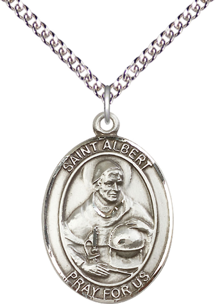 Sterling Silver Saint Albert the Great Pendant on a 24 inch Sterling Silver Heavy Curb chain