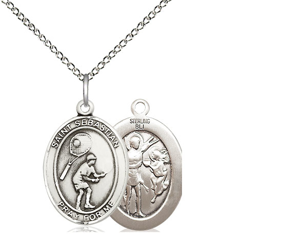 Sterling Silver Saint Sebastian Tennis Pendant on a 18 inch Sterling Silver Light Curb chain