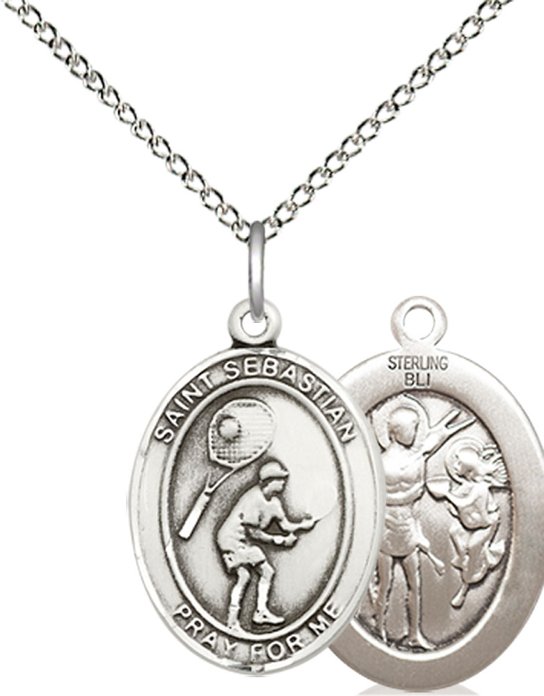 Sterling Silver Saint Sebastian Tennis Pendant on a 18 inch Sterling Silver Light Curb chain
