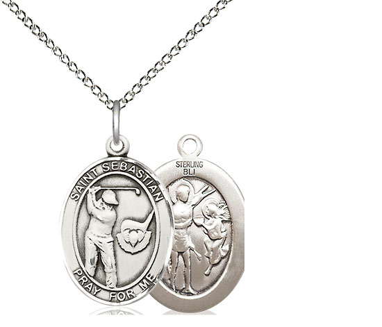 Sterling Silver Saint Sebastian Golf Pendant on a 18 inch Sterling Silver Light Curb chain