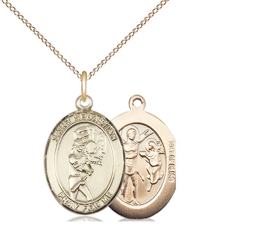 14kt Gold Filled Saint Sebastian Softball Pendant on a 18 inch Gold Filled Light Curb chain