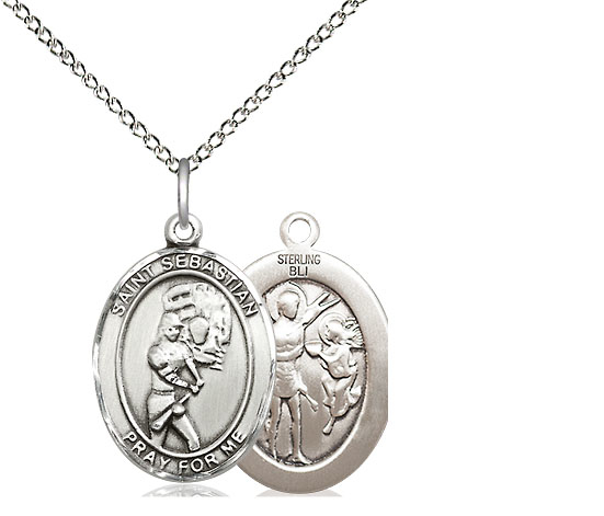 Sterling Silver Saint Sebastian Softball Pendant on a 18 inch Sterling Silver Light Curb chain