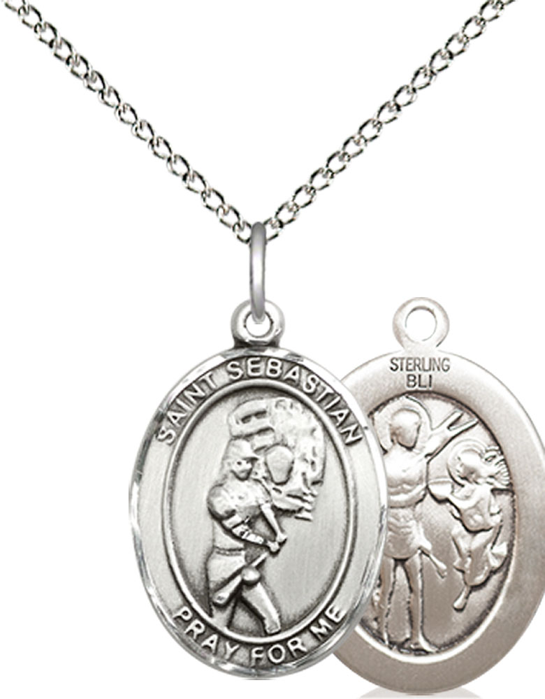 Sterling Silver Saint Sebastian Softball Pendant on a 18 inch Sterling Silver Light Curb chain