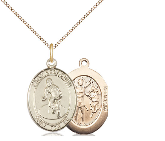 14kt Gold Filled Saint Sebastian Wrestling Pendant on a 18 inch Gold Filled Light Curb chain