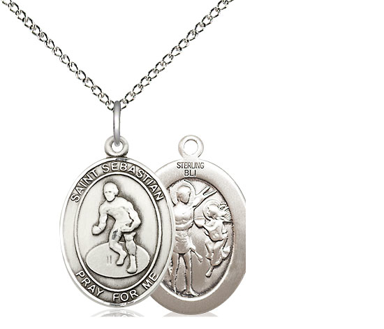 Sterling Silver Saint Sebastian Wrestling Pendant on a 18 inch Sterling Silver Light Curb chain