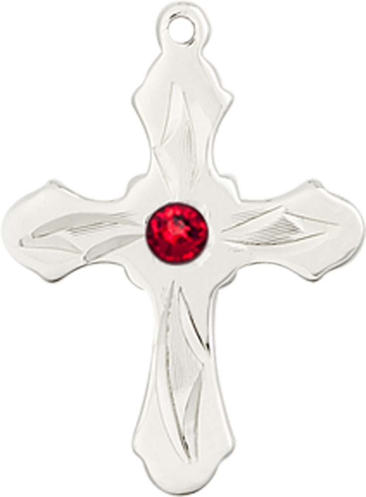 Sterling Silver Cross Medal with a 3mm Ruby Swarovski stone