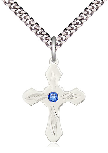 Sterling Silver Cross Pendant with a 3mm Sapphire Swarovski stone on a 24 inch Light Rhodium Heavy Curb chain