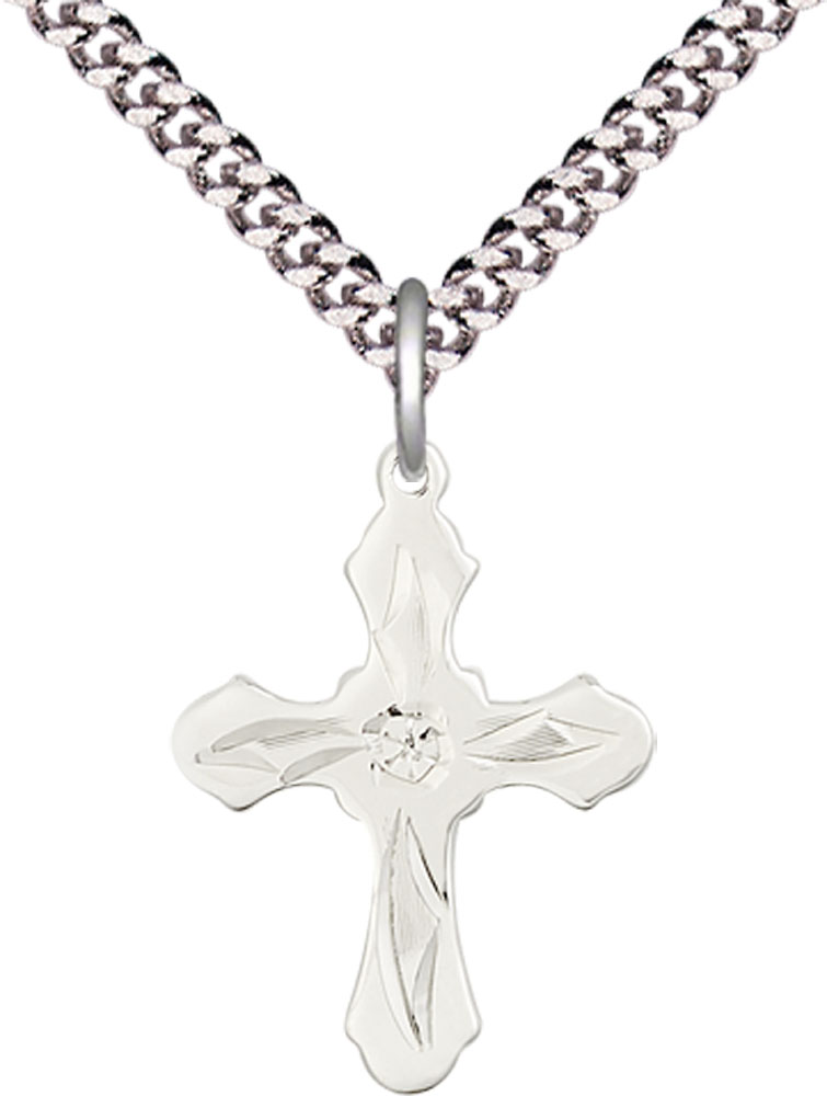 Sterling Silver Cross Pendant on a 24 inch Light Rhodium Heavy Curb chain