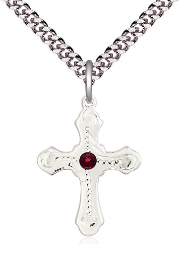 Sterling Silver Cross Pendant with a 3mm Garnet Swarovski stone on a 24 inch Light Rhodium Heavy Curb chain