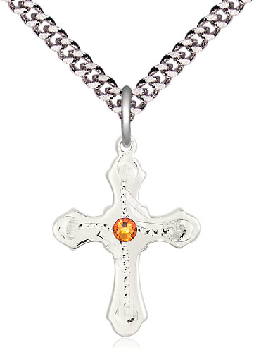 Sterling Silver Cross Pendant with a 3mm Topaz Swarovski stone on a 24 inch Light Rhodium Heavy Curb chain