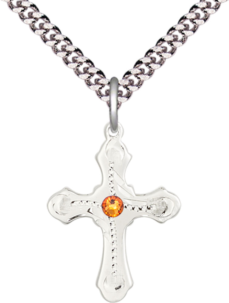 Sterling Silver Cross Pendant with a 3mm Topaz Swarovski stone on a 24 inch Light Rhodium Heavy Curb chain