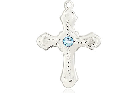 Sterling Silver Cross Medal with a 3mm Aqua Swarovski stone