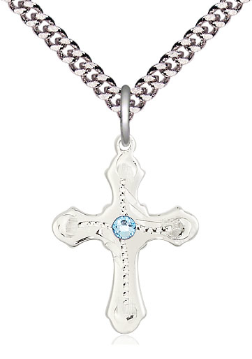 Sterling Silver Cross Pendant with a 3mm Aqua Swarovski stone on a 24 inch Light Rhodium Heavy Curb chain