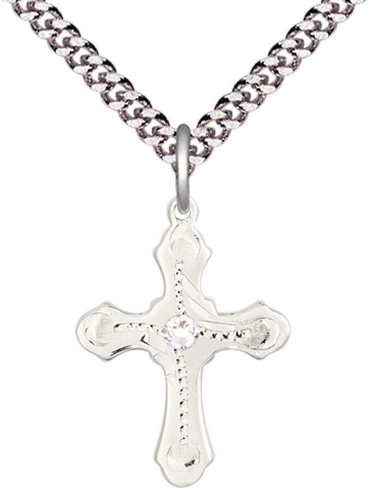 Sterling Silver Cross Pendant with a 3mm Crystal Swarovski stone on a 24 inch Light Rhodium Heavy Curb chain