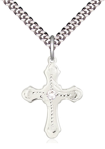 Sterling Silver Cross Pendant with a 3mm Crystal Swarovski stone on a 24 inch Light Rhodium Heavy Curb chain