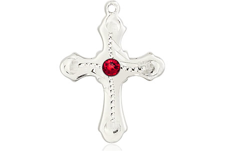 Sterling Silver Cross Medal with a 3mm Ruby Swarovski stone