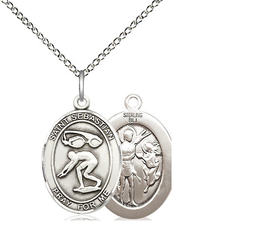 Sterling Silver Saint Sebastian Swimming Pendant on a 18 inch Sterling Silver Light Curb chain