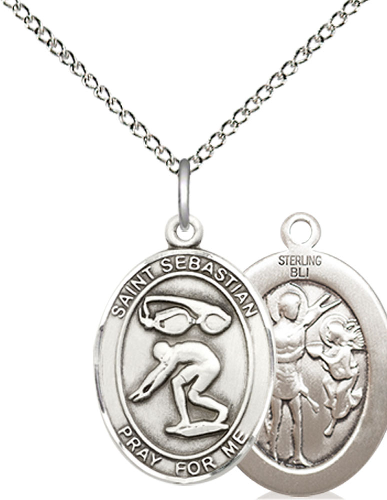 Sterling Silver Saint Sebastian Swimming Pendant on a 18 inch Sterling Silver Light Curb chain