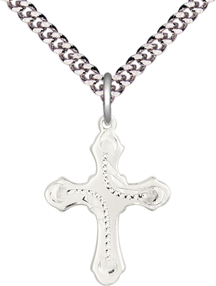 Sterling Silver Cross Pendant on a 24 inch Light Rhodium Heavy Curb chain
