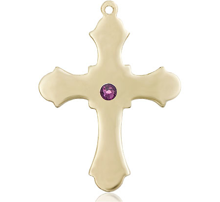 14kt Gold Filled Cross Medal with a 3mm Amethyst Swarovski stone