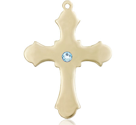 14kt Gold Filled Cross Medal with a 3mm Aqua Swarovski stone