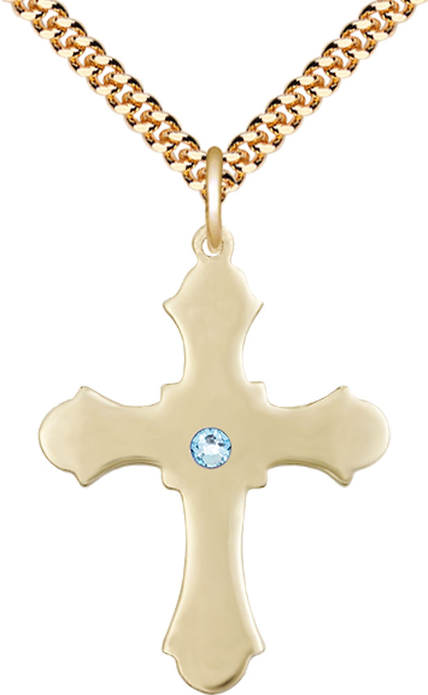 14kt Gold Filled Cross Pendant with a 3mm Aqua Swarovski stone on a 24 inch Gold Plate Heavy Curb chain