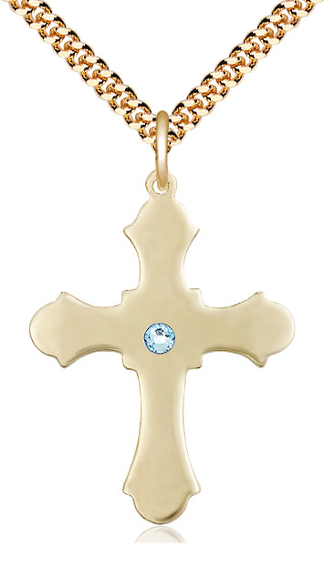 14kt Gold Filled Cross Pendant with a 3mm Aqua Swarovski stone on a 24 inch Gold Plate Heavy Curb chain