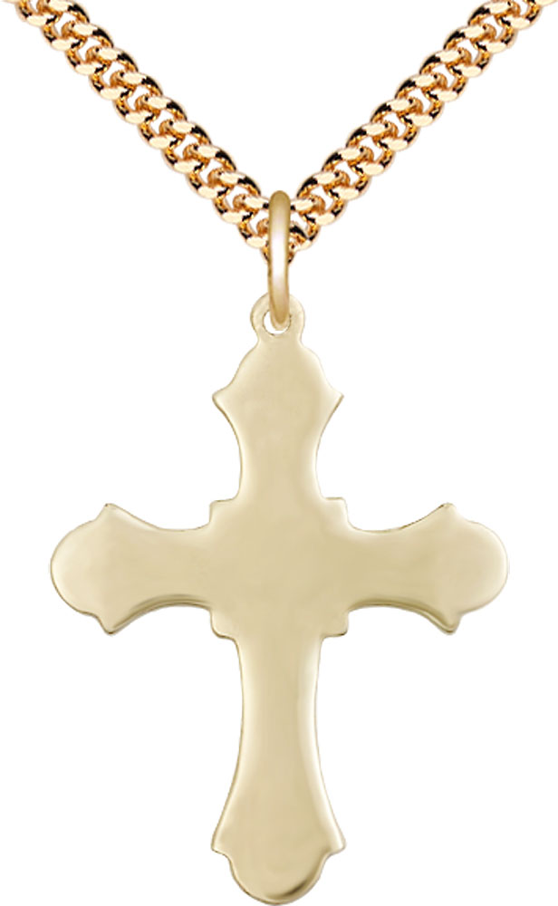 14kt Gold Filled Cross Pendant on a 24 inch Gold Plate Heavy Curb chain