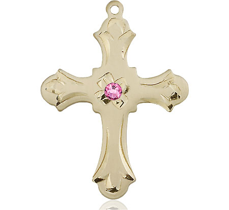 14kt Gold Filled Cross Medal with a 3mm Rose Swarovski stone