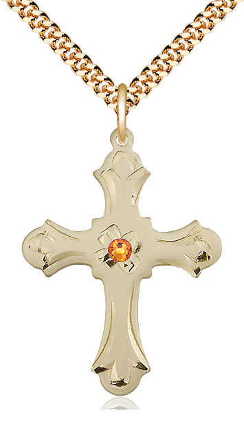 14kt Gold Filled Cross Pendant with a 3mm Topaz Swarovski stone on a 24 inch Gold Plate Heavy Curb chain