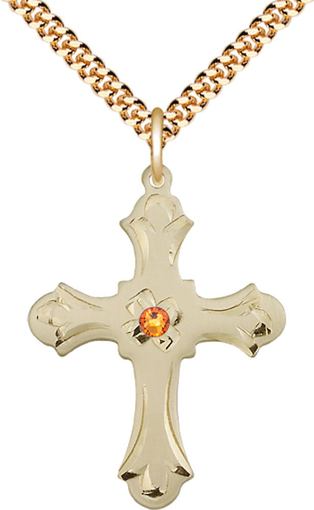 14kt Gold Filled Cross Pendant with a 3mm Topaz Swarovski stone on a 24 inch Gold Plate Heavy Curb chain